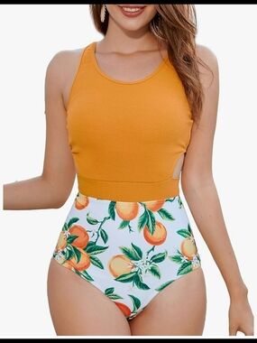 Women's High-Waist Monokini Swimsuit in Mustard & White with Orange Print